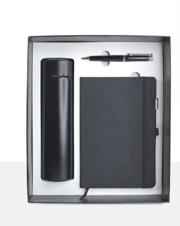Black corporate gift set in a presentation box with an A5 notebook, a metal pen and a stainless steel flask